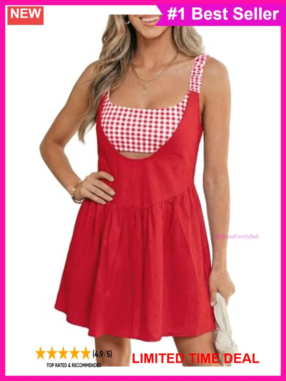 Gingham Patchwork Mini Dress Sleeveless 2-in-1 Square Neck A-Line